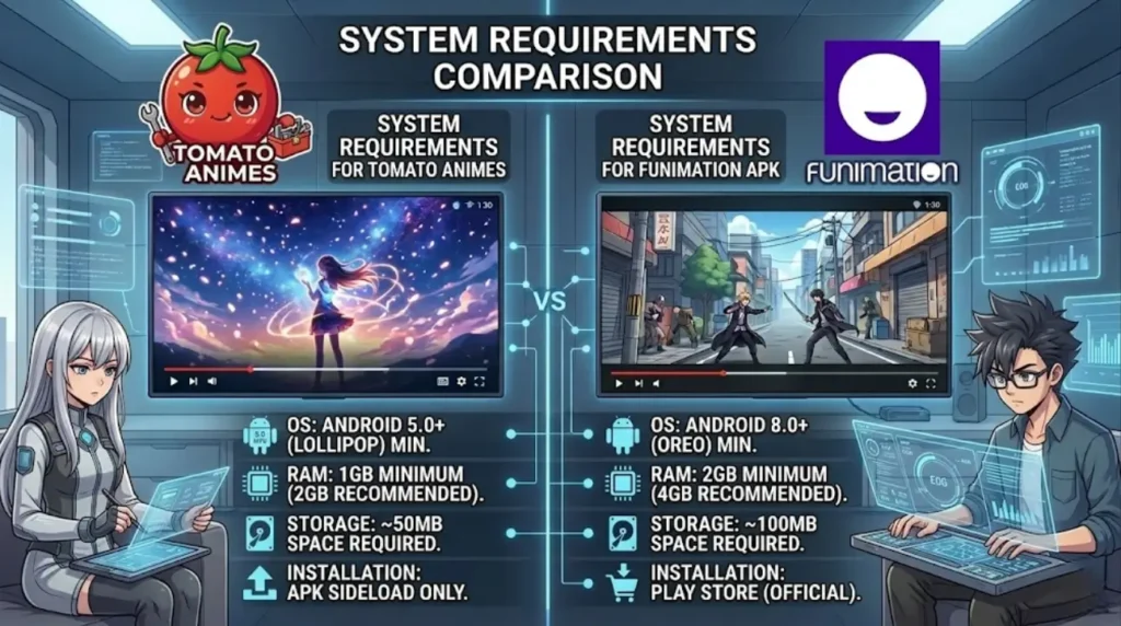 System Requirements for Tomato Animes APK VS Funimation APK